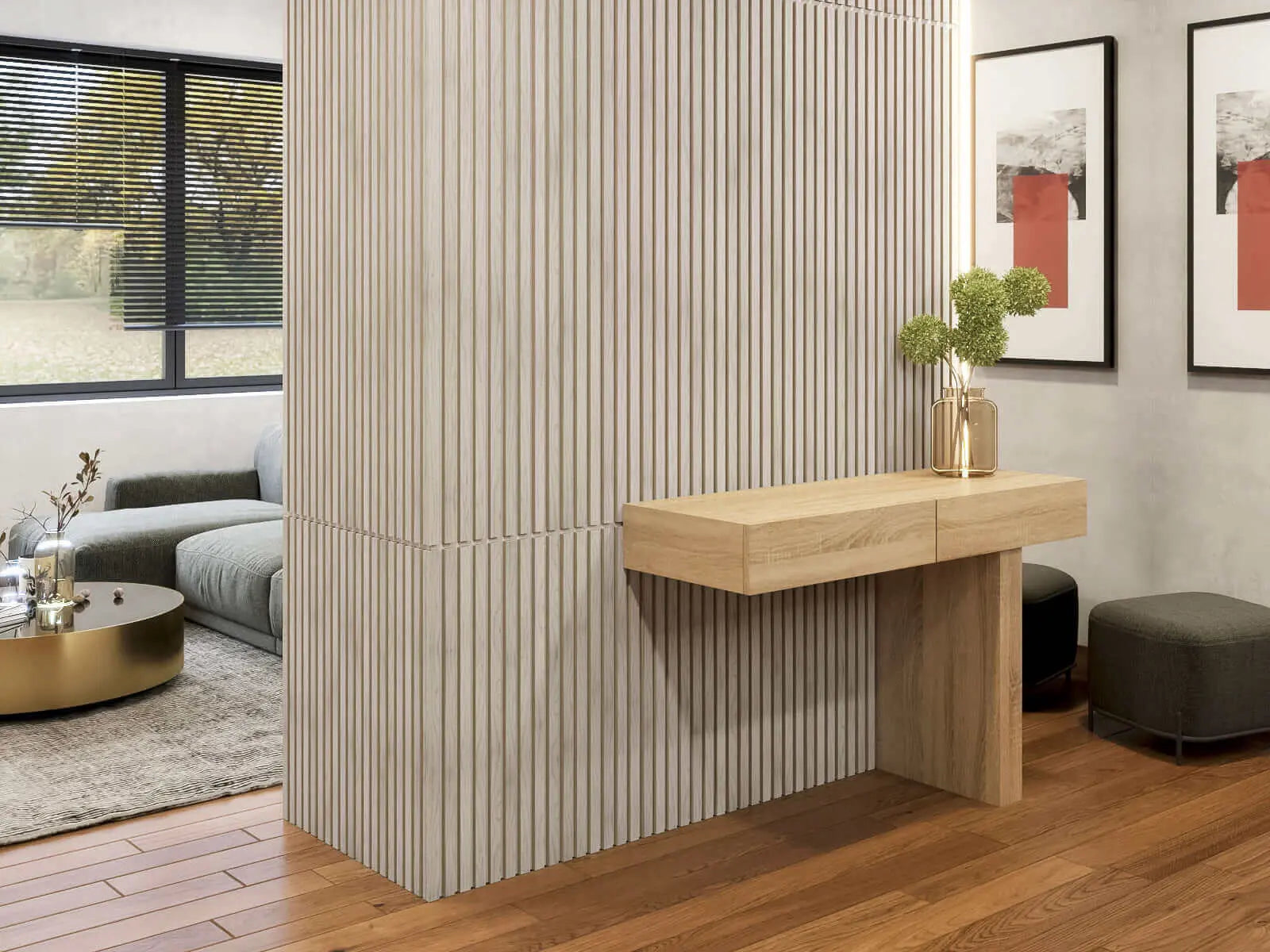 Stylish interior featuring a wood acoustic panel wall and modern wooden console table.